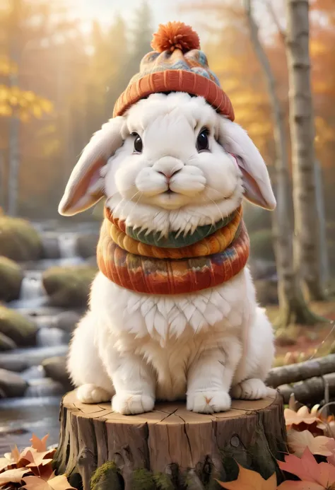 "Create an adorable digital painting of a cute Holland Lop rabbit with fluffy ears and soft fur. The rabbit is wearing a tiny knitted sweater and a small autumn-themed hat. It is sitting on a tree stump by a picturesque autumn forest, surrounded by colorfu...