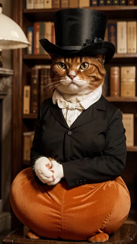 a cute fat orange cat wearing a top hat and monocle, score_9, score_8_up, score_7_up, score_6_up, score_5_up, score_4_up,UHD, 
adorable cat-like creature big eyes, Victorian, smart, library, monocle, monocle left eye, cigare 