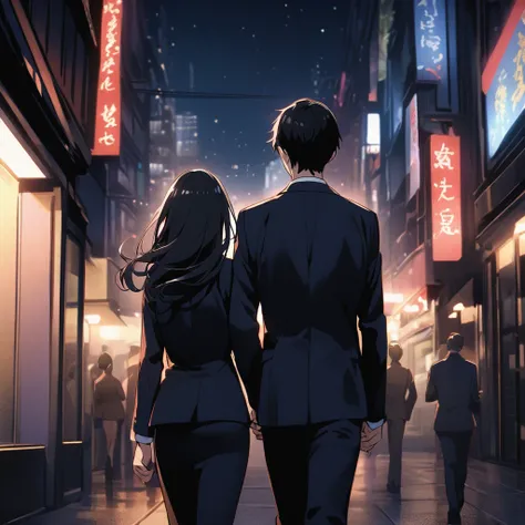 Back view of a couple in suits walking hand in hand through the city at night、The woman is wearing a skirt suit、length, Black Hair.