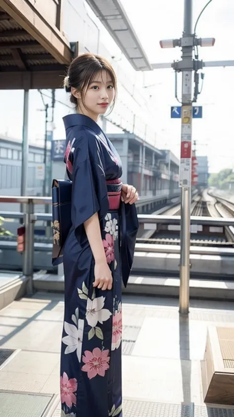 (blue kimono、japanese kimono、kimono、yukata:1.3)、(whole body shot:1.24))、(raw photos、photorealistic:1.4)、one girl、beautiful girls...