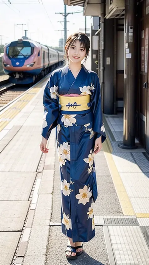 (blue kimono、japanese kimono、kimono、yukata:1.3)、(whole body shot:1.24))、(raw photos、photorealistic:1.4)、one girl、beautiful girls...