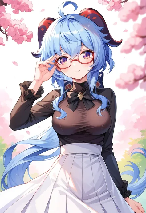 ganyu (genshin impact), 1girl, solo, long hair, breasts,showing breasts,nipple, looking at viewer, blush, smile, bangs, skirt, shirt, long sleeves, bow, medium breasts, blue hair, purple eyes, ahoge, sidelocks, outdoors, frills, horns, glasses, bowtie, off...