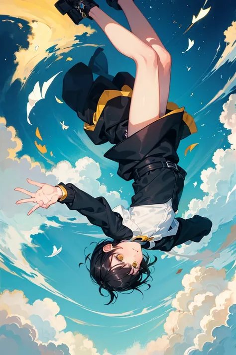 A boy around 7 years old with black hair, cyan and yellow odd eyes, floating upside down in the air.