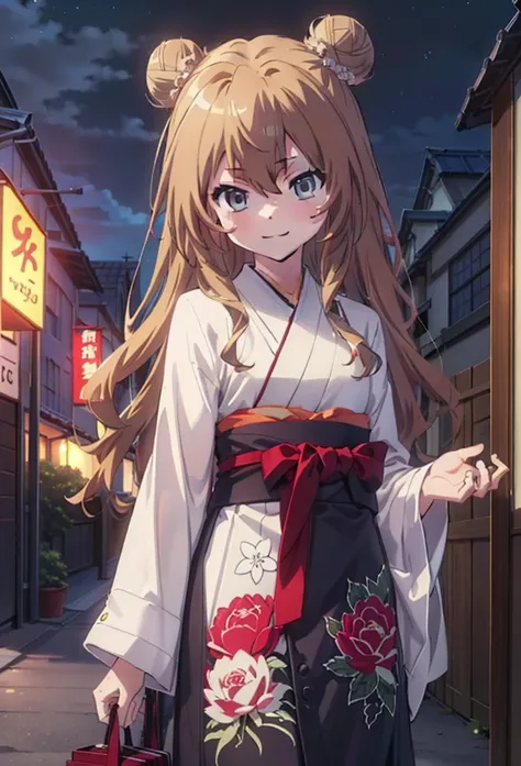 taiga aisaka, taiga aisaka, Long Hair, Brown Hair, Brown eyes,happy smile, smile, Close your mouth,Hair Bun, single  Hair Bun,Black kimono,Thick sleeves,,日本のfestival,夏festivalの屋台,Red lantern,night,As if your whole body is in the illustration,Walking,　　　　　　...