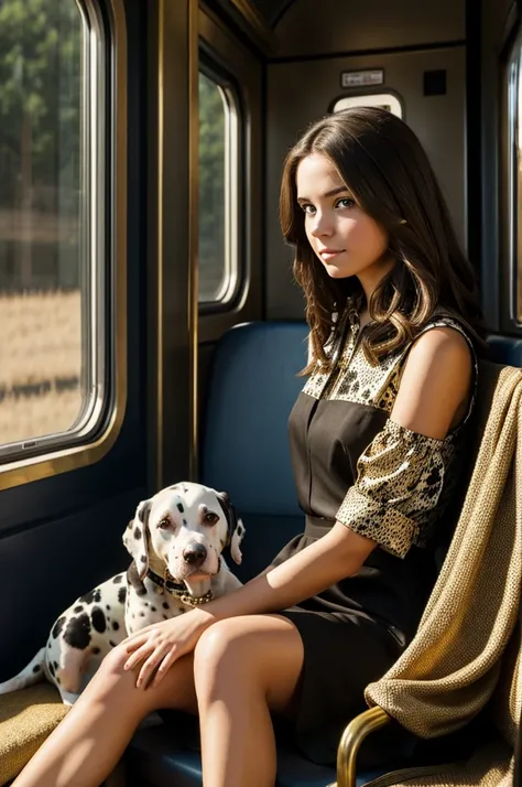 Girl brunette brown hair gold light eyes wearing a short black dress and landscape on a train sitting with her Dalmatian dog 
