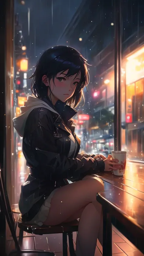 anime girl sitting at a table in the rain, reflections. by makoto shinkai, gloomy. by makoto shinkai, lofi girl, artwork in the style of guweiz, lofi portrait, digital art ilya kuvshinov, anime art wallpaper 4k, anime art wallpaper 4 k, ( ( makoto shinkai ...