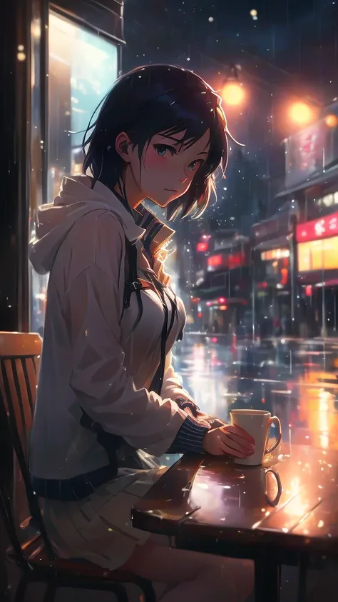 anime girl sitting at a table in the rain, reflections. by makoto shinkai, gloomy. by makoto shinkai, lofi girl, artwork in the style of guweiz, lofi portrait, digital art ilya kuvshinov, anime art wallpaper 4k, anime art wallpaper 4 k, ( ( makoto shinkai ...