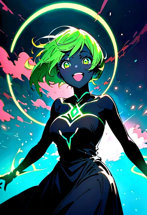 black skin, anime woman, happy, glowing green eyes, glowing green tattoos, extremely short glowing green hair, wearing a black dress