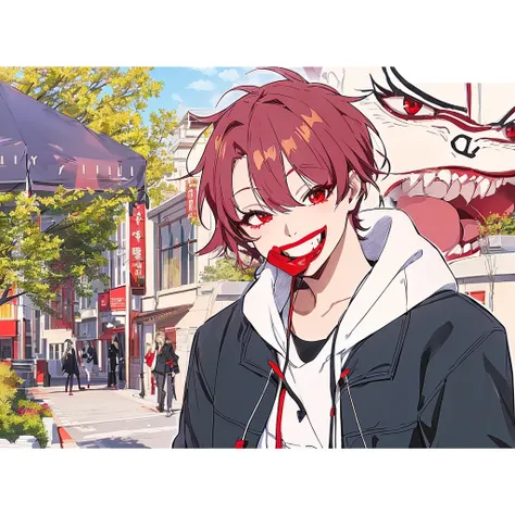 anime character with red lips and a black jacket on, [[[[grinning evily]]]], grinning lasciviously, smileing nright, happy with his mouth open, ;open mouth, dramatic smile pose, biting lip, wide grin, (grin), inspired by Bian Shoumin, 8k!, red mouth