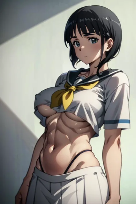 1 female,Suguha Kirigaya,white sailor suit,short sleeved,covered nipples,croptop,gray low-rise micro pleated skirt,breasts,leanbody:1.5,