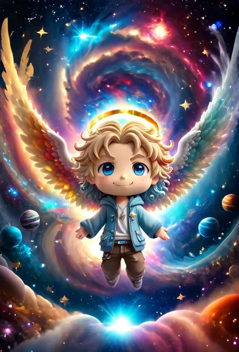 3d chibi anime style, full body man, young, light skinned, with light blue eyes and long hair, wearing modern clothes. he has an...