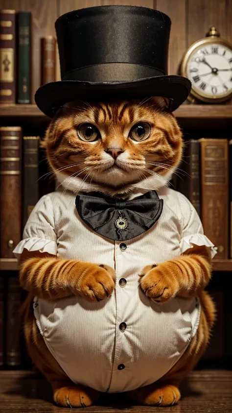 a cute fat orange cat wearing a top hat and monocle, score_9, score_8_up, score_7_up, score_6_up, score_5_up, score_4_up,UHD, 
adorable cat-like creature big eyes, Victorian, smart, library, monocle, pocket watch