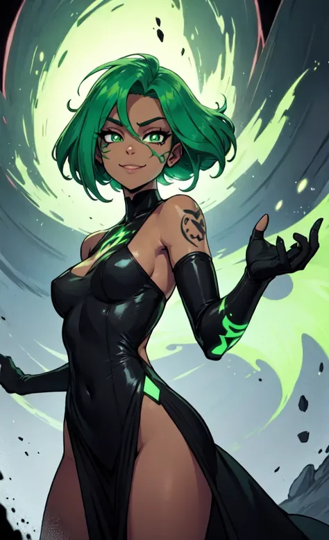 black skin, anime woman, happy, glowing green eyes, glowing green tattoos, extremely short glowing green hair, wearing a black dress