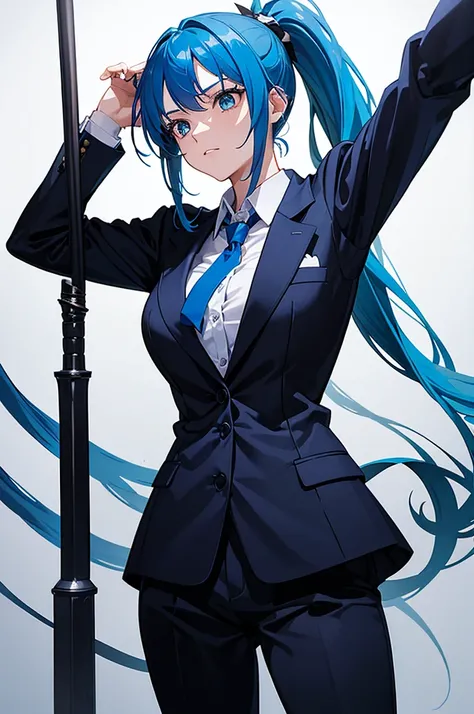 A girl with blue hair in a ponytail, wearing a blazer and holding a rapier