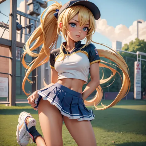 ((best quality)), ((masterpiece)), (detailed),(8K),highres, absurd res, intricate details, 1girl, solo, 2.5D anime style, (a tan skin girl with blonde hair in a pony tail, wearing a skirt and baseball cap, in sneakers showing midriff, looking sexy while be...