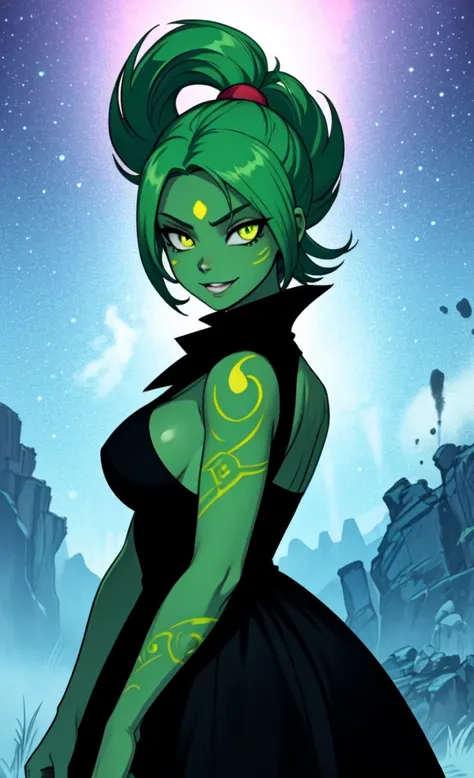 black skin, anime woman, happy, glowing green eyes, glowing green tattoos, extremely short glowing green hair, wearing a black dress