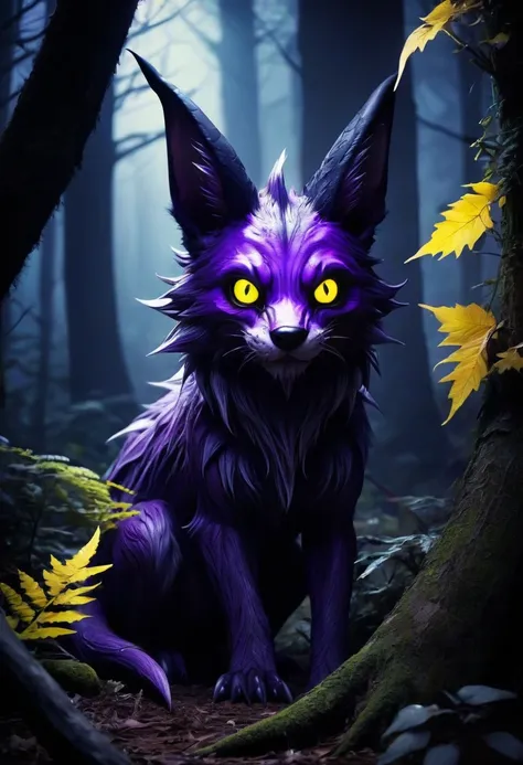 A mysterious creature lurking deep in the cursed forest。The fur is purple and glows strangely.。The eyes are deep yellow、Emitting an eerie light、Captivating to the viewer。Sharp fangs peeking out from its mouth、A low growl echoes.。ears are big、Capture every ...