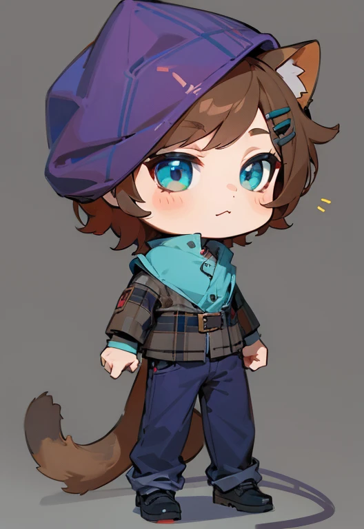 boy, Light brown hair, hairpin with cherry, blue pants, cat ears and tail, plaid burgundy shirt, over a gray jacket. 