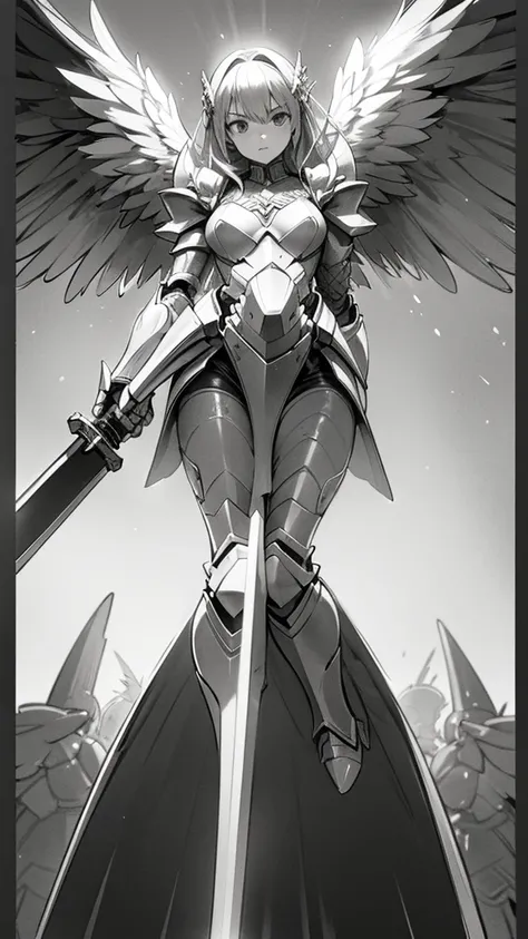 armored angel girl, wing, prepare a sword, highleg, open stance, from below, fantasy battle scene 