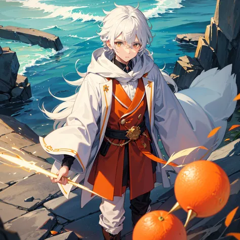 Create a boy, a 10 year old  who has fluffy white hair, an orange wizard&#39;s cloak, an orange wizard&#39;s hat, a white tie and a very cute happy face, a pretty smile