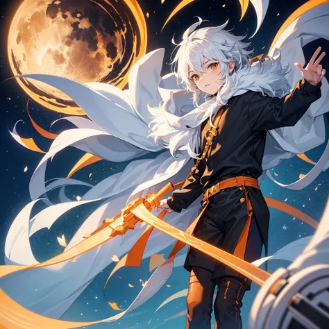 Create a boy, a 10 year old  who has fluffy white hair, an orange wizard&#39;s cloak, an orange wizard&#39;s hat, a white tie and a very cute happy face, a pretty smile