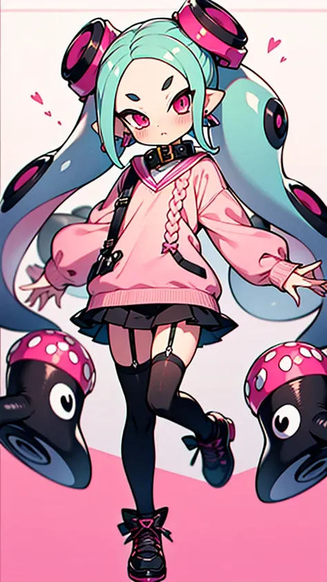 Insanely detailed super accurate anime illustration,pink sweater with vertical lines,
black pleated skirt,
earrings,garter belt,
black knee socks,twintails, pink skirt, collar, bow, black thighhighs, black footwear,
splatoons octoling,octopus girl,forehead...