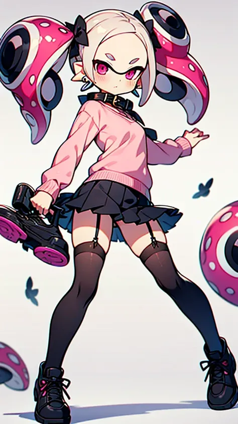 Insanely detailed super accurate anime illustration,pink sweater with vertical lines,
black pleated skirt,
earrings,garter belt,
black knee socks,twintails, pink skirt, collar, bow, black thighhighs, black footwear,
splatoons octoling,octopus girl,forehead...