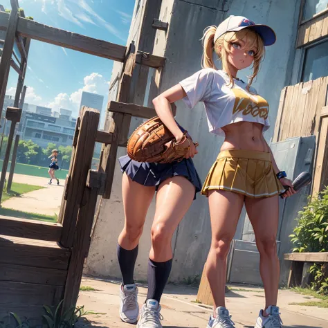 ((best quality)), ((masterpiece)), (detailed),(8K),highres, absurd res, intricate details, 1girl, solo, 2.5D anime style, (a tan skin girl with blonde hair in a pony tail, wearing a skirt and baseball cap, in sneakers showing midriff, looking sexy while be...