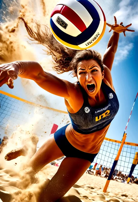 (Beach Volleyball player), A volleyball player completes a strong spike in the air, her body being ejected into the sky. The background is the shimmering sea and golden beach, and the camera is low angle, emphasizing leap and strength, full body, (Photogra...