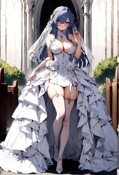 masterpiece, best quality,1girl,solo, Fu Hua(Cerulean Court),white background, hair over right eye ,eye visible through hair,hair ornamet, wedding dress,white high heels,thighhighs, full body, (church:1.2),looking at viewer, big breasts,