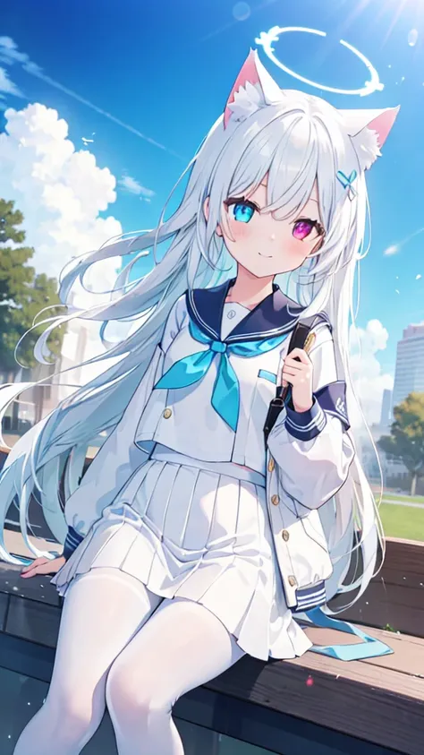 White hair，Cat ear，Long hair，Heterochromia(Left blue right yellow)，Smile，There are bright spots in the eyes，flat chest，White sailor suit，White skirt，White pantyhose，in the park，Alone，Blue tie，Blue Halo