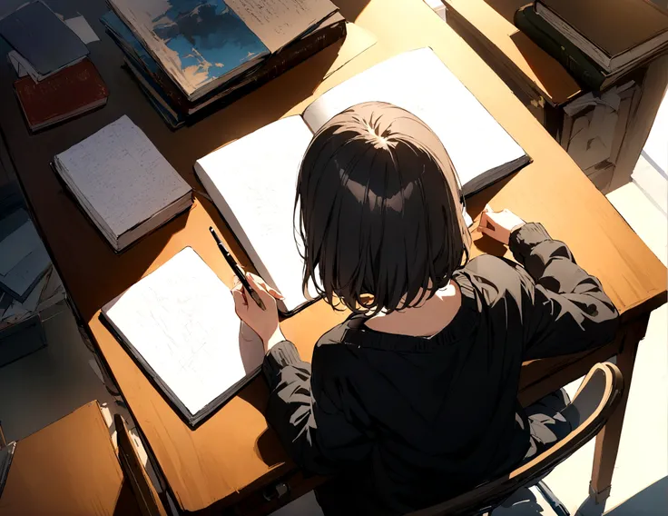 HD Clear, Best Images, Illustration quality, Super detailed, Young woman in a black casual sweatshirt, Hold the book in front of her, write, masterpiece , Highest quality , detailed, At your desk, study, overhead.