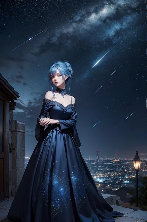 Blue haired girl character、Night scene with starry sky background、Wearing a gorgeous dress、Subtle details、A fantastic atmosphere、Anime style