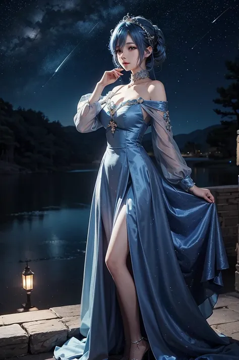 Blue haired girl character、Night scene with starry sky background、Wearing a gorgeous dress、Subtle details、A fantastic atmosphere、Anime style