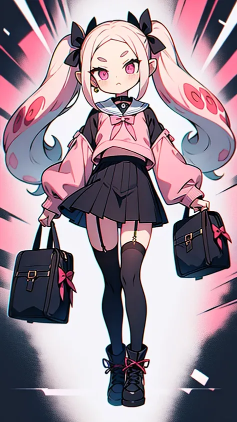 Insanely detailed super accurate anime illustration,pink sweater with vertical lines,
black pleated skirt,
earrings,garter belt,
black knee socks,twintails, pink skirt, collar, bow, black thighhighs, black footwear,
splatoons octoling,octopus girl,forehead...