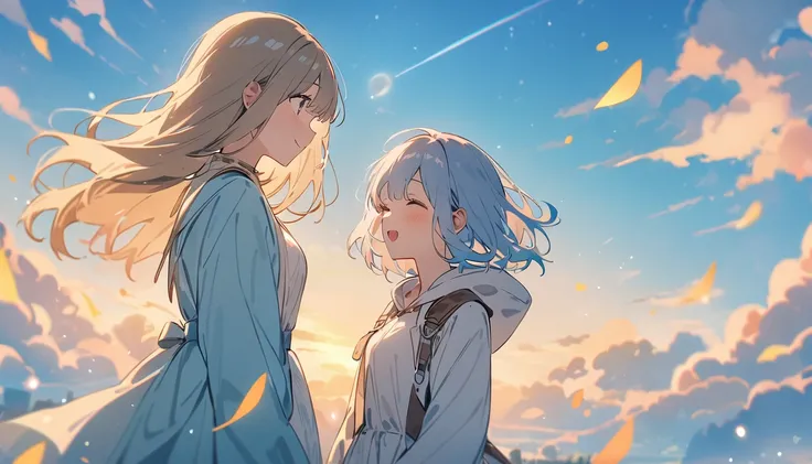 masterpiece, Highest quality, Movie stills, 1 Girl, Cloud Girl,Two Girls, Two good friends , Floating in the sky, close, bright, Happy, Warm and soft lighting, blue sky, (spark:0.7)