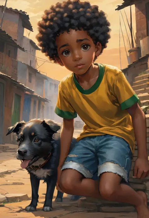 A poor Afro-Brazilian boy in a favela in Porto Alegre Rio Grande do Sul Brazil drawn by Todd McFarlane and Greg Capullo, he is wearing old and torn clothes, he is playing with a soccer ball and playing with his little dog, a favela in the background, Rober...