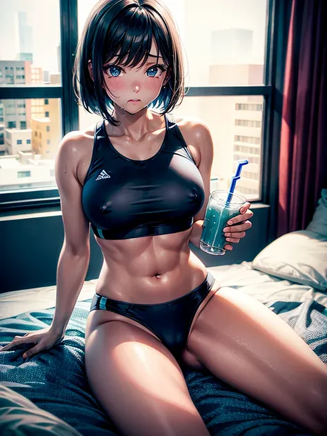 Highest quality,Highest Resolution,A beautiful girl with a crying face wearing high-cut gym clothes,Bedroom,Brown hair short bob,Tears,Transparent nipples,sweat profusely,drooling a lot of saliva,(((Drink))),Very beautiful eyes,Night view outside the windo...