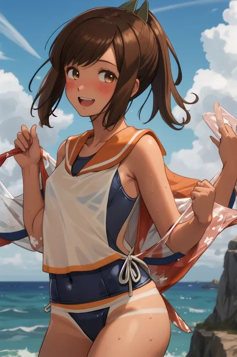 ((masterpiece)),(Highest quality),Official Art,Highly detailed CG,unity 8k wallpaper,Super detailed,Lighthouse on top of a cliff by the sea,One girl,一人in,Cowboy Shot,brown_hair,Dark Skin,Sunburn,School_Swimwear,brown_eye,smile,one piece_Swimwear,Swimwear_D...