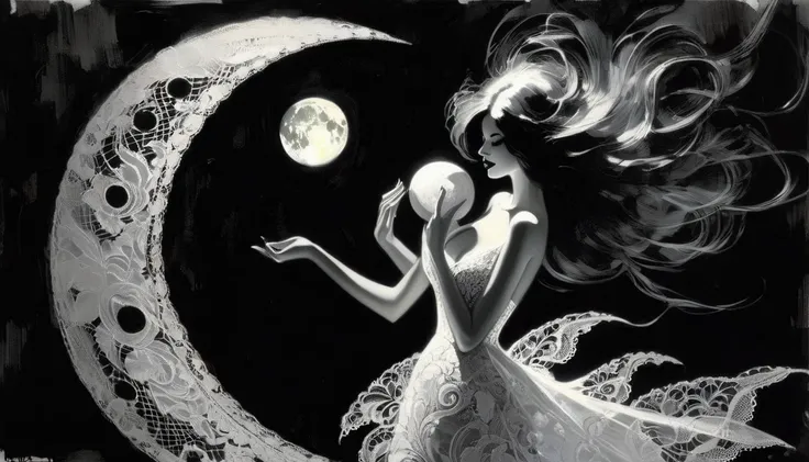 the sexy girl and the half moon, night, lace dress black and white image( art inspired by Bill Sienkiewicz, oil painting)эротическая поза, сексуальная, каблуки, чулки, красивое бельё, секси поза, выгнулась
