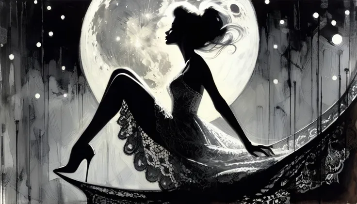 the sexy girl and the half moon, night, lace dress black and white image( art inspired by Bill Sienkiewicz, oil painting)эротическая поза, сексуальная, каблуки, чулки, красивое бельё, секси поза, выгнулась
