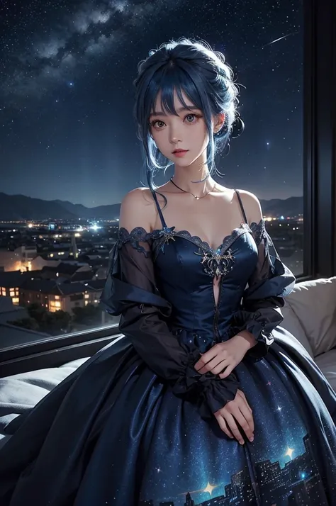 Blue haired girl character、Night scene with starry sky background、Wearing a gorgeous dress、Subtle details、A fantastic atmosphere、Anime style