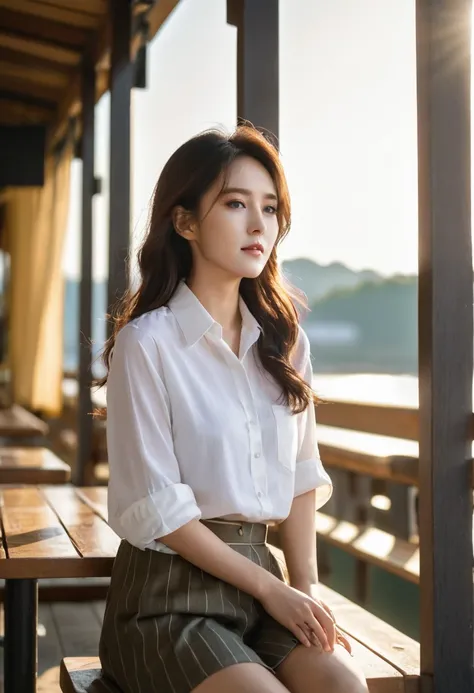 natural daily white sleevless shirt korean girl in the Morning rise, warm sunlight, a morning by the dock, sittting at outdoor cafe, big windows, cozy atmosphere, person in the bacground, depth of fields, Nikon z6 RAW image, playing with shadow, playing wi...