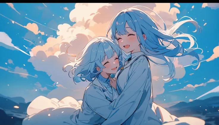 masterpiece, Highest quality, Movie stills, 1 Girl, Cloud Girl,Two Girls, Two good friends , Floating in the sky, close, bright, Happy, Warm and soft lighting, blue sky, (spark:0.7)