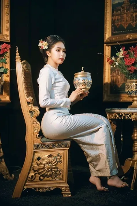 MMTD Burmese patterned traditional dress lady full body details, nice face, fair skin, traditional royal white dress, wearing Parel necklaces, traditional hair style, long scarf on shoulder, sitting on traditional style golden chair look like throne, tradi...