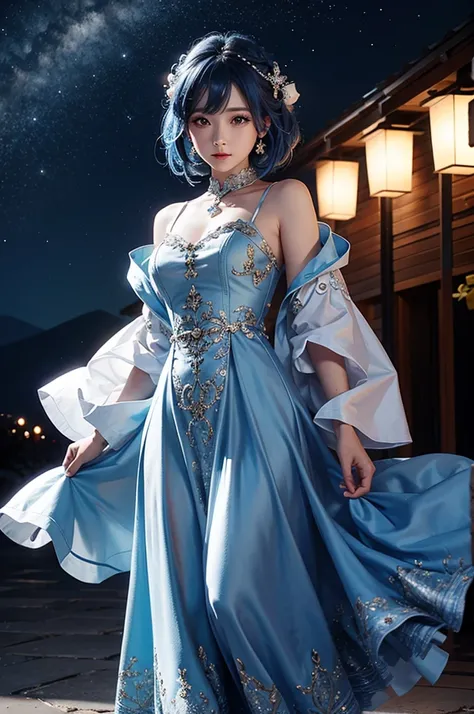 Blue haired girl character、Night scene with starry sky background、Wearing a gorgeous dress、Subtle details、A fantastic atmosphere、Anime style