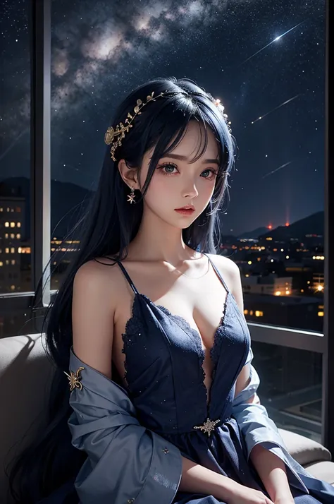 Blue haired girl character、Night scene with starry sky background、Wearing a gorgeous dress、Subtle details、A fantastic atmosphere、Anime style