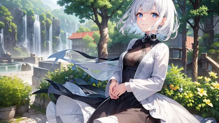 Ultra HD,Look at the viewers, Put your hands behind your back, With a girl, 20-year-old, 非常にShort Hair, Long bangs between the eyes, Pale blue eyes,  Very detailed,(masterpiece、Highest quality),Gray Hair、Laughter、Fantastic, Silver Hair, Iris,  Short hair、 ...