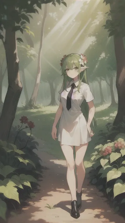 (One girl ,20th Generation,Mature Woman,Adult),Happy,White shirt,Short sleeve,Black standard tie green hair,Long Hair,(forest,sunlight),whole body,Mandrake, flower, Grapevine