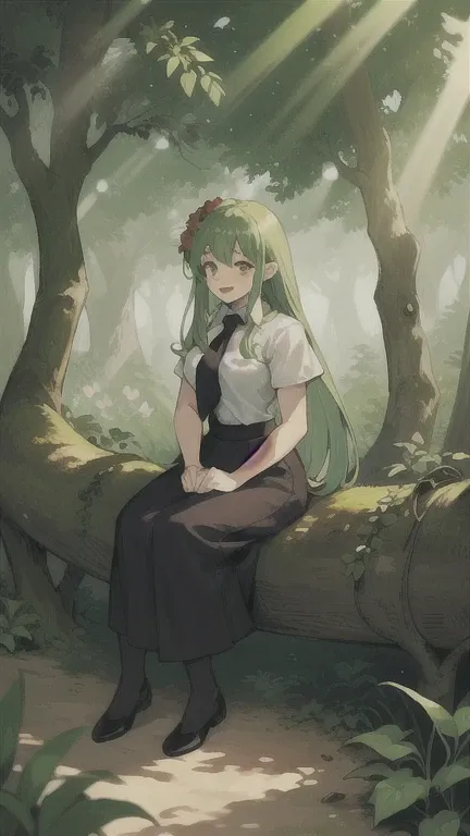 (One girl ,20th Generation,Mature Woman,Adult),Happy,White shirt,Short sleeve,Black standard tie green hair,Long Hair,(forest,sunlight),whole body,Mandrake, flower, Grapevine